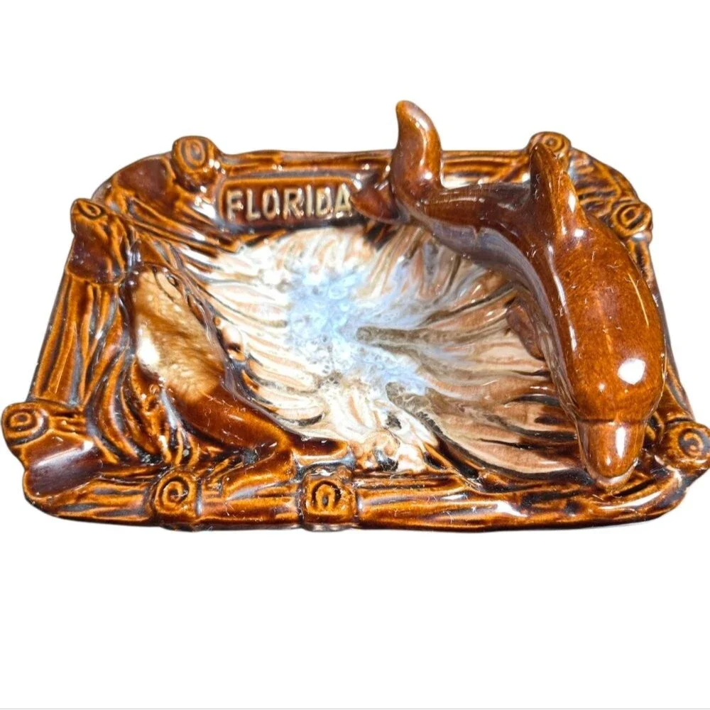Vintage Brown Glazed Dolphin Topped Florida Souvenir Dripware Ashtray 7